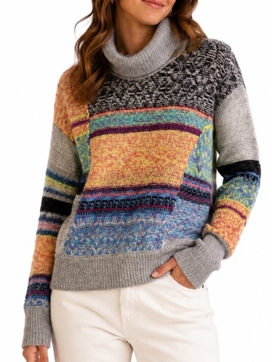 Free People Sweaters - Free People This and That Stripe Multicolor Mix Print Knit Turtleneck Sweater M